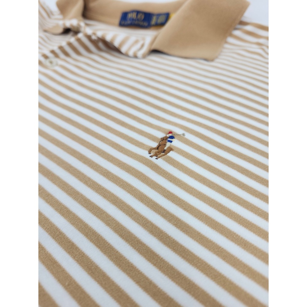Polo Ralph Lauren Mens 2XLT Tan White Striped Short Sleeve Polo Shirt Pony Logo